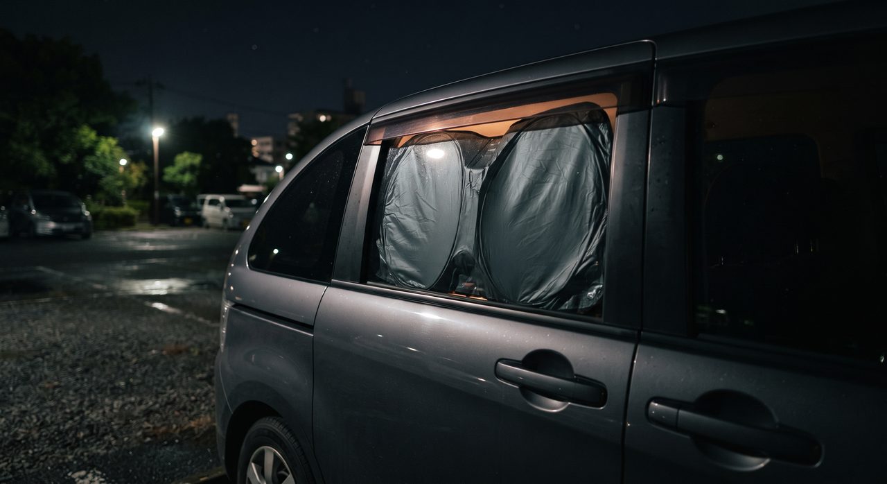 夜の駐車場で目隠しシェードに覆われた車の窓とわずかに漏れる薄明かり