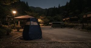 夜の道の駅のような駐車場の片隅に設置された、人が入っていないポップアップ式トイレテント