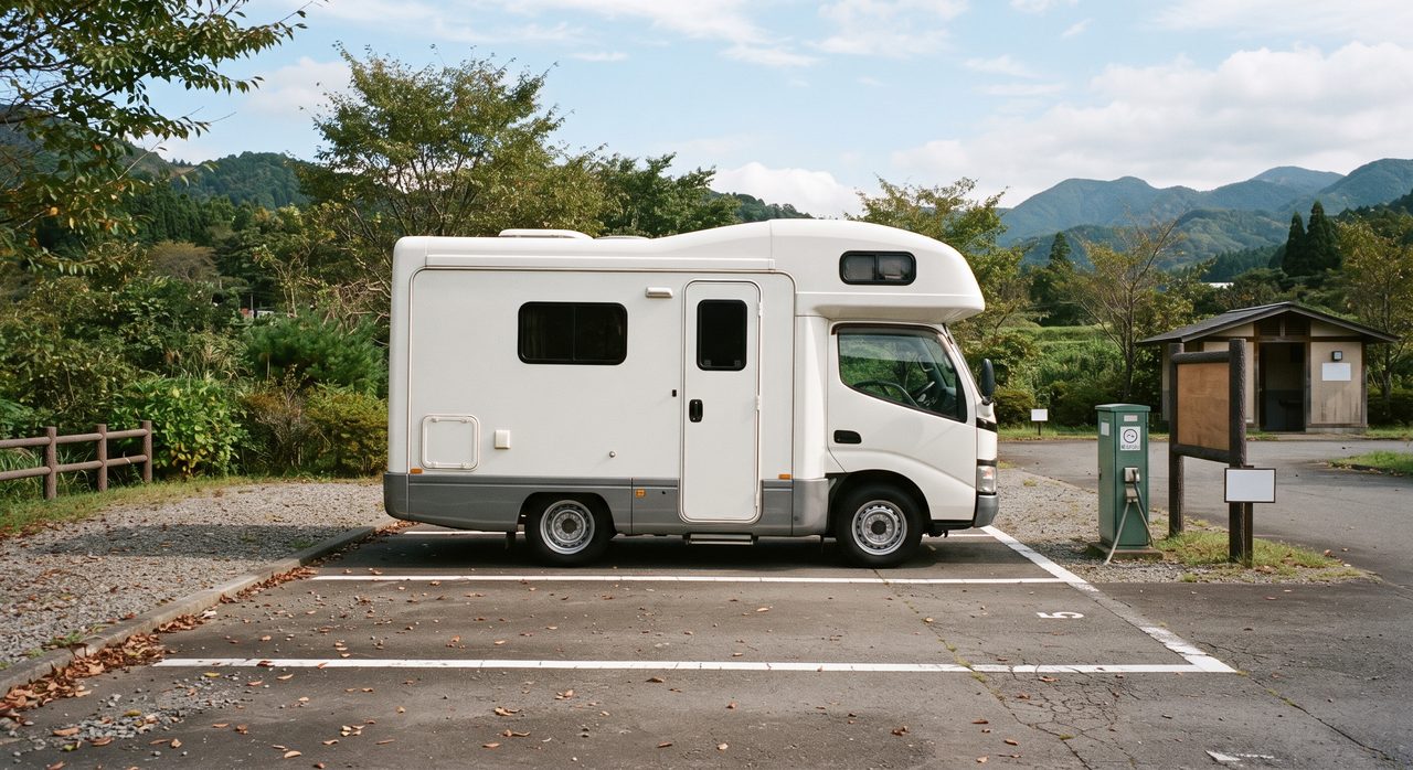 区画線と電源用の設備ボックスが整ったRVパークに、カムロード架装のキャンピングカーが真横から見た角度で停まっている昼間の様子