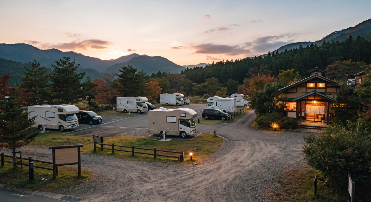 近くに入浴施設のある落ち着いた雰囲気のRVパーク全体を見渡す夕方の情景