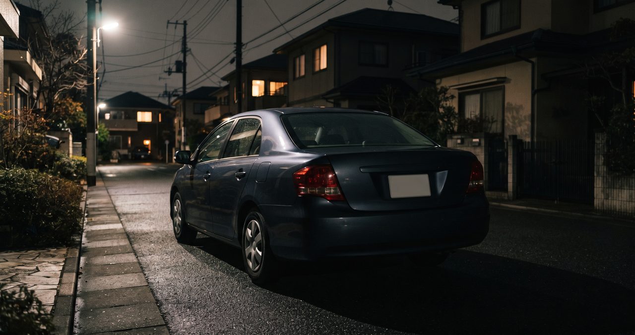 夜間の住宅街の路上に一台だけ車が停まっている、少し緊張感のある静かな情景