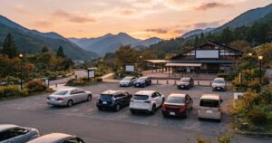 山間の道の駅風の駐車場に複数の車が余裕を持って停まる、穏やかな夕暮れの情景