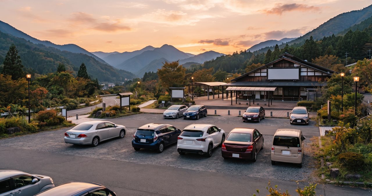 山間の道の駅風の駐車場に複数の車が余裕を持って停まる、穏やかな夕暮れの情景
