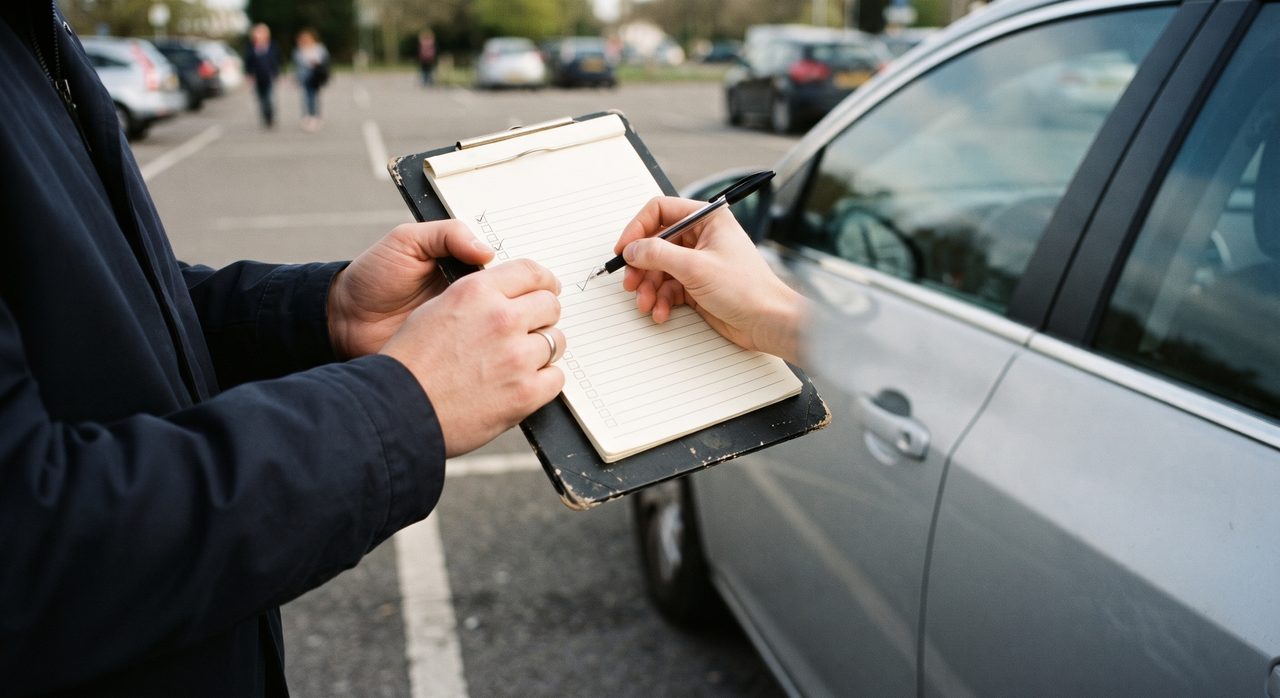 車のそばでチェックリストを手に持ち、確認作業をしている人物の手元
