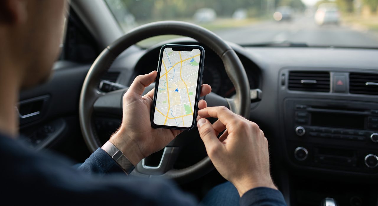 車の中でスマートフォンの地図アプリを確認しながら出発前の準備をしている様子