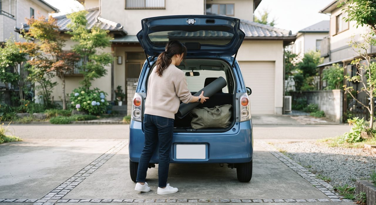休日の朝、自宅前で女性が一人で軽自動車のトランクにマットやバッグを積み込んでいる後ろ姿