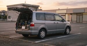 夕方の駐車場でリアゲートを開けたミニバン、荷室に2人分のマットや荷物が積まれている様子