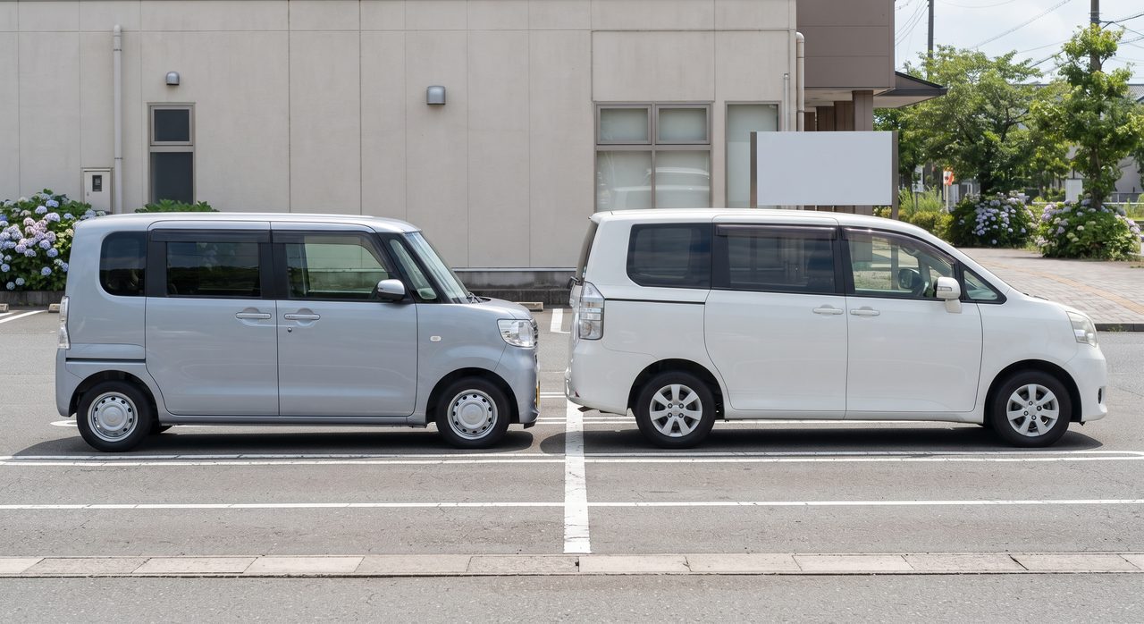 軽自動車とミニバンが並んで停まっている様子、ミニバンのほうが車高・全長ともにひとまわり大きい