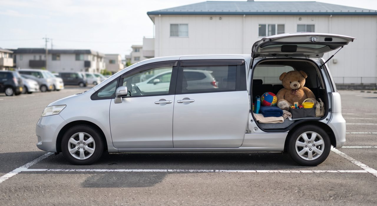 昼間の駐車場でリアゲートを開けたファミリー向けミニバン、荷室にぬいぐるみやボールが積まれている様子