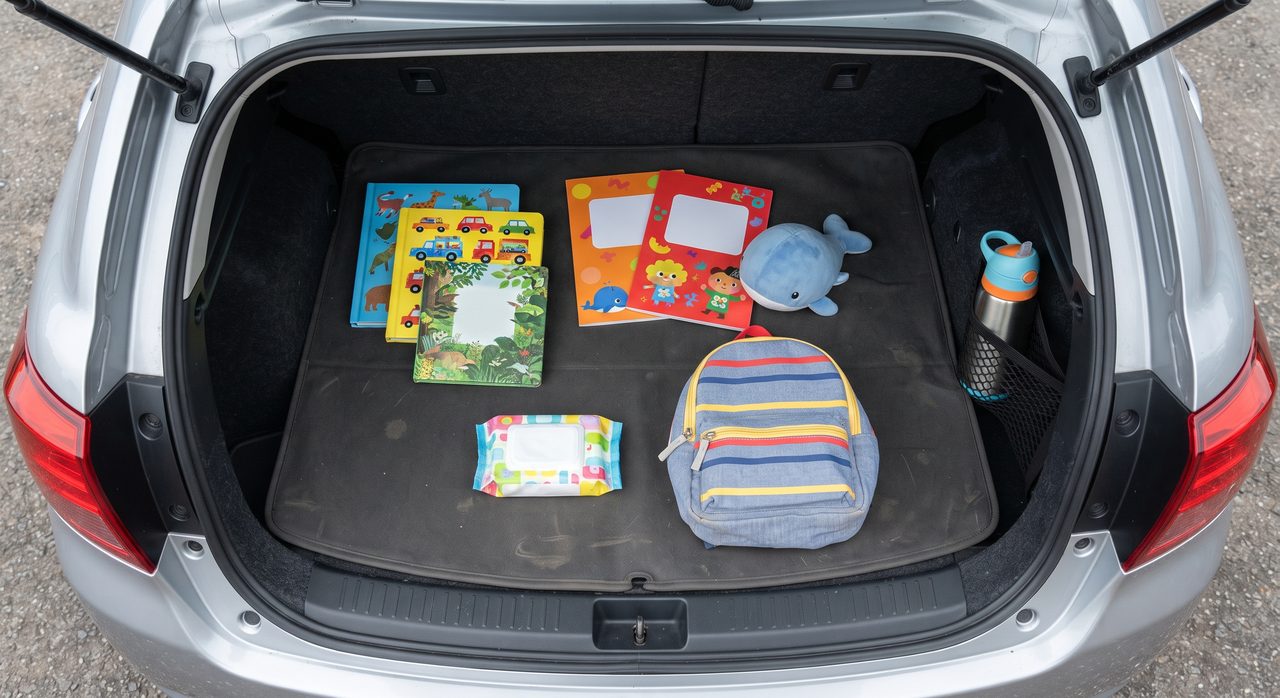 車の荷室に子ども用の絵本やぬいぐるみ、水筒などが整理されて積み込まれている様子