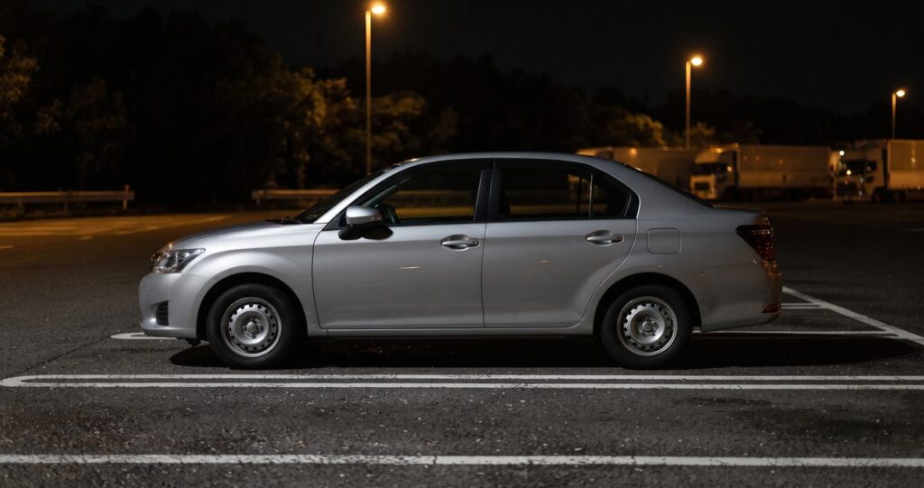 夜の高速道路サービスエリアの駐車場に側面から停まる乗用車、奥に大型トラックエリアの明かりが見える