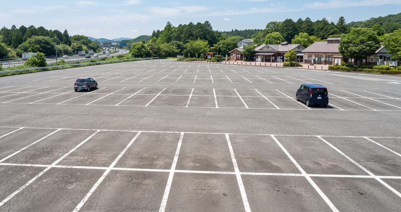 高速道路サービスエリアの駐車場を見下ろした様子、白線で区切られた広い駐車マスに車が2台だけ離れて停まっている