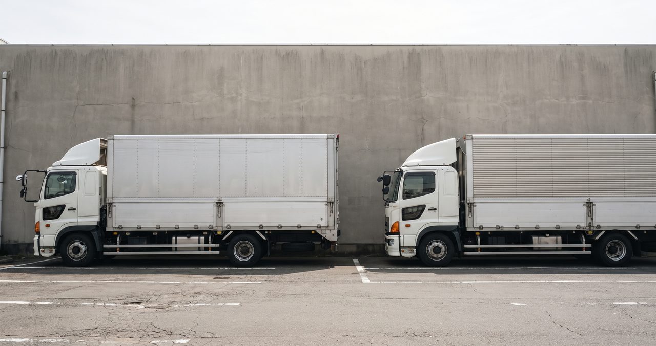 日本のキャブオーバー型大型トラックが2台、間隔をあけて側面から見える形で駐車している様子