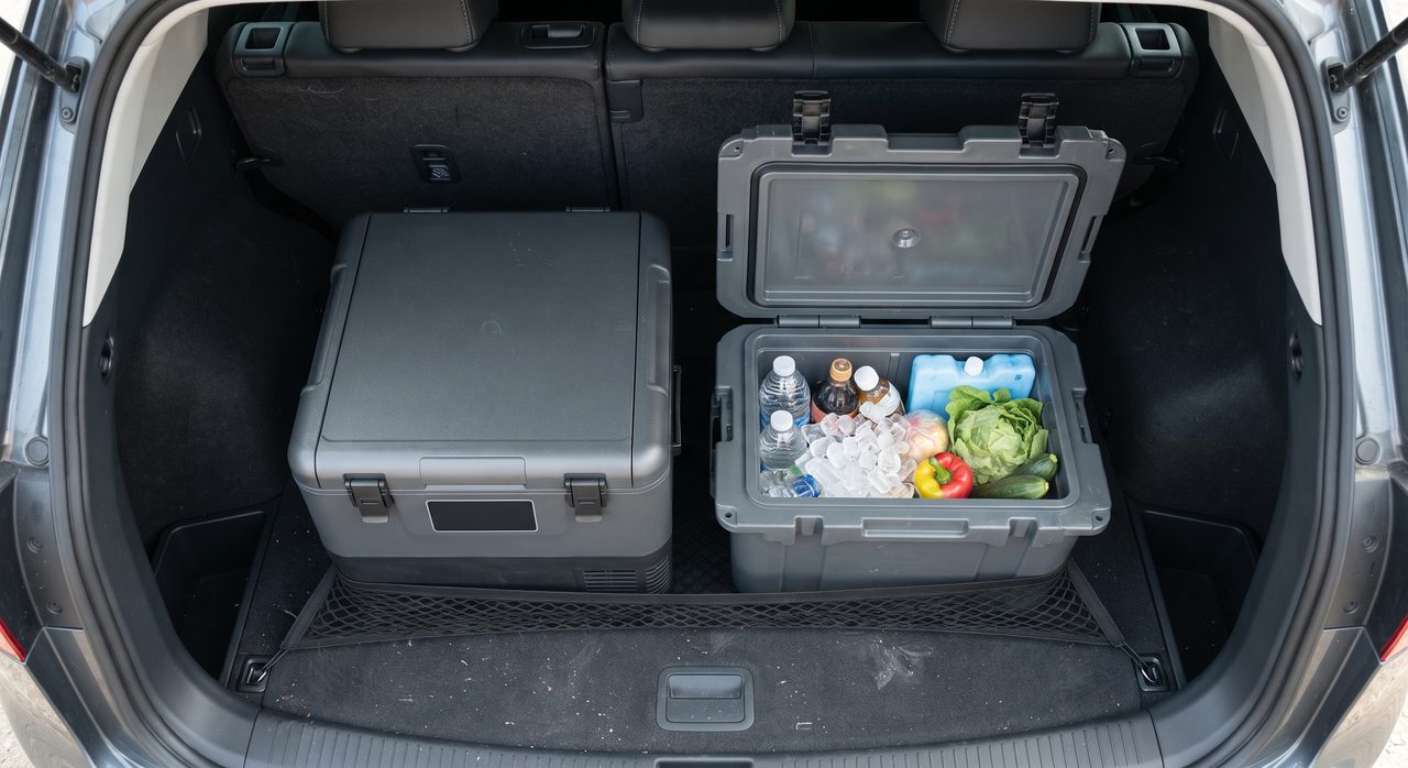 車の荷室に置かれた無地のポータブル冷蔵庫と、飲み物や野菜が入った保冷剤付きクーラーボックス