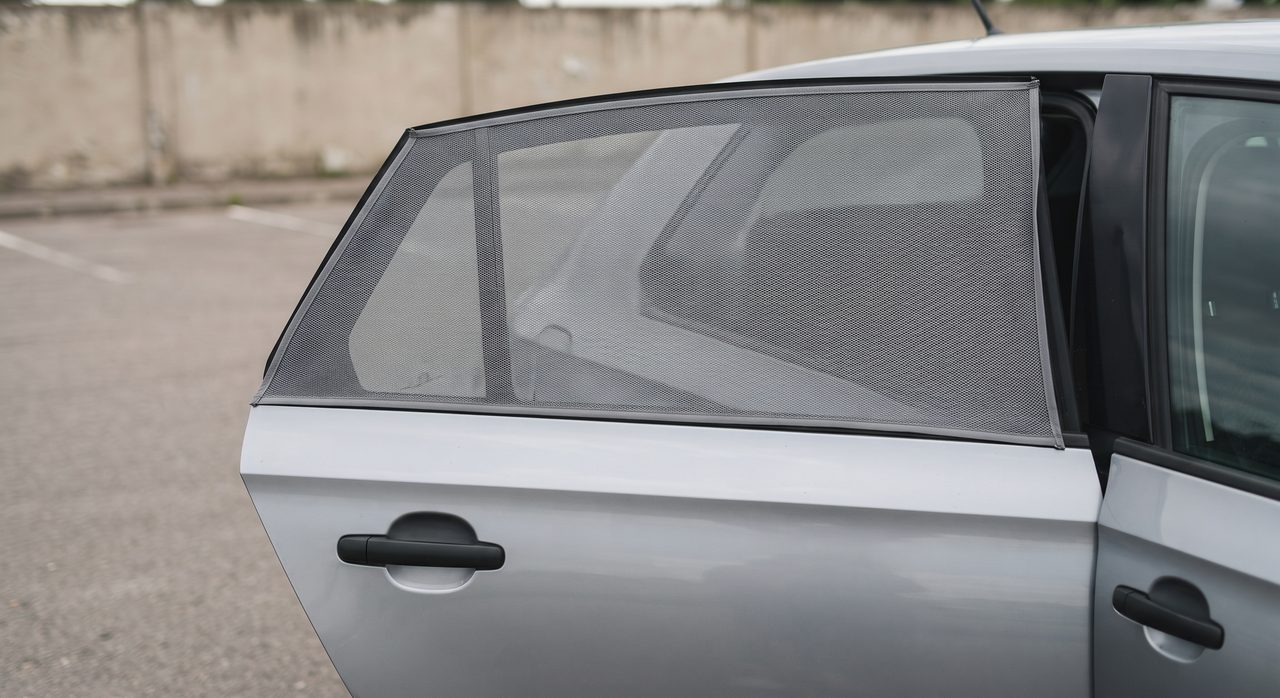 車の外側から見た後部ドア1枚分のクローズアップ、窓全体に車体の外側からかぶせるタイプのメッシュ生地の網戸(車両用ウィンドウネット)が装着されている様子