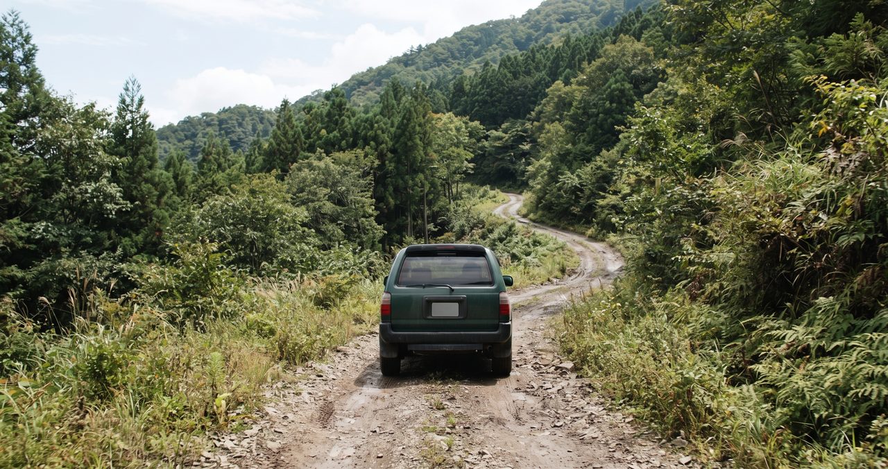 未舗装の山道を奥に向かって走っていくミドルサイズSUVの後ろ姿