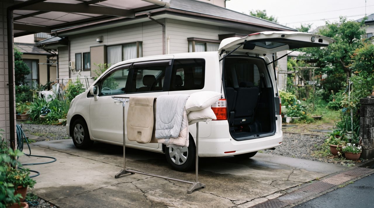 住宅のカーポートの下、日陰になったスペースに停めたミニバンの後部から、車外に設置された物干しスタンドに無地のマットと寝具がかけられて陰干しされている様子