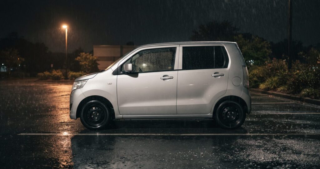 雨が降る夜、街灯に照らされた駐車場に軽自動車が1台、側面から見て停まっている様子