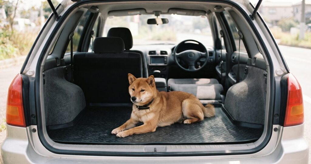 車の荷室で無地のマットの上に伏せる柴犬