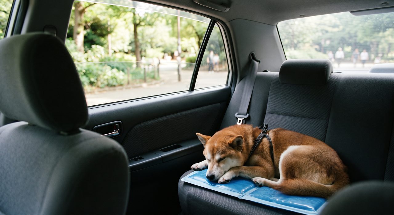 窓が半分ほど開いた車内で、無地のクールマットの上で涼む柴犬