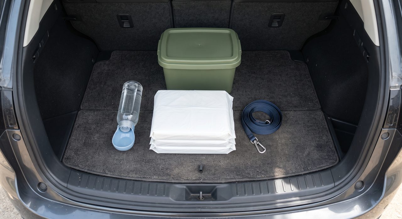 車の荷室に整理して置かれた給水ボトル、トイレシート、リード、無地の収納ボックス