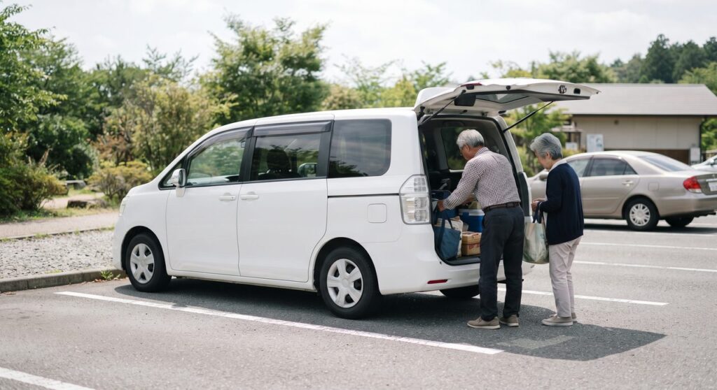道の駅の駐車場でリアゲートを開けたミニバンの脇で、シニア夫婦が荷物を整理している後ろ姿・横顔