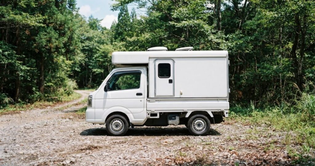 白い軽トラックの荷台に箱型のキャンパーシェルを載せた車が、林道脇の砂利敷きスペースに真横向きに停まっている様子