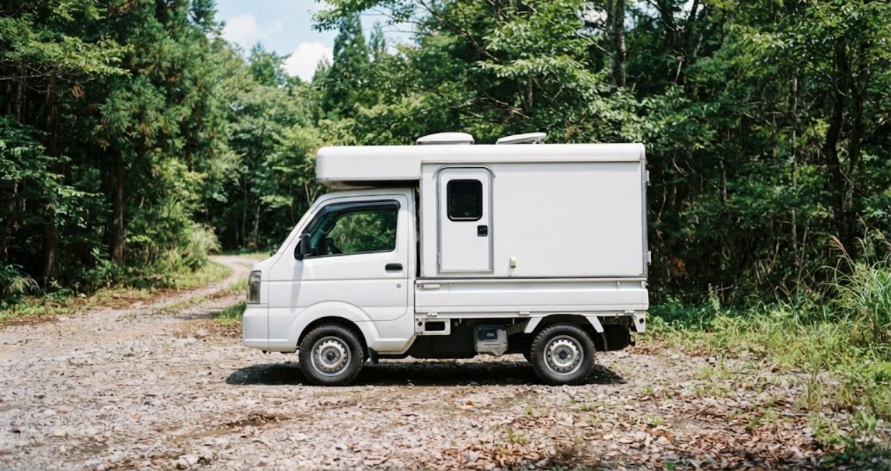 白い軽トラックの荷台に箱型のキャンパーシェルを載せた車が、林道脇の砂利敷きスペースに真横向きに停まっている様子