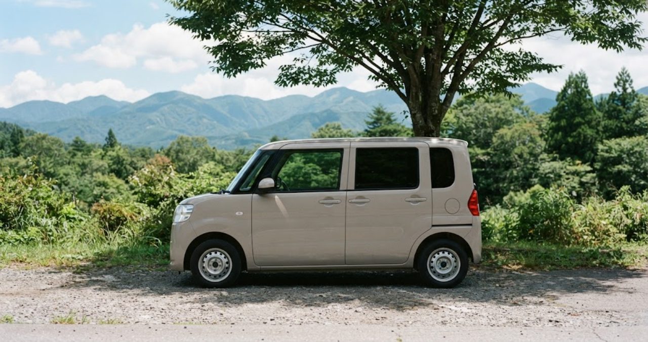 夏の高原の道の駅、大きな木の木陰にベージュの軽自動車が1台側面向きに停まり、背景に山々が広がる様子