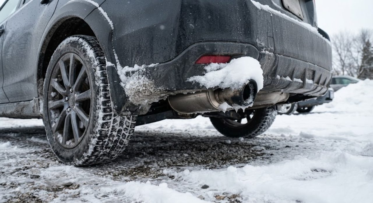 雪が積もった駐車場で車の後輪とマフラー付近をクローズアップ、マフラーの周りに雪が積もっている様子