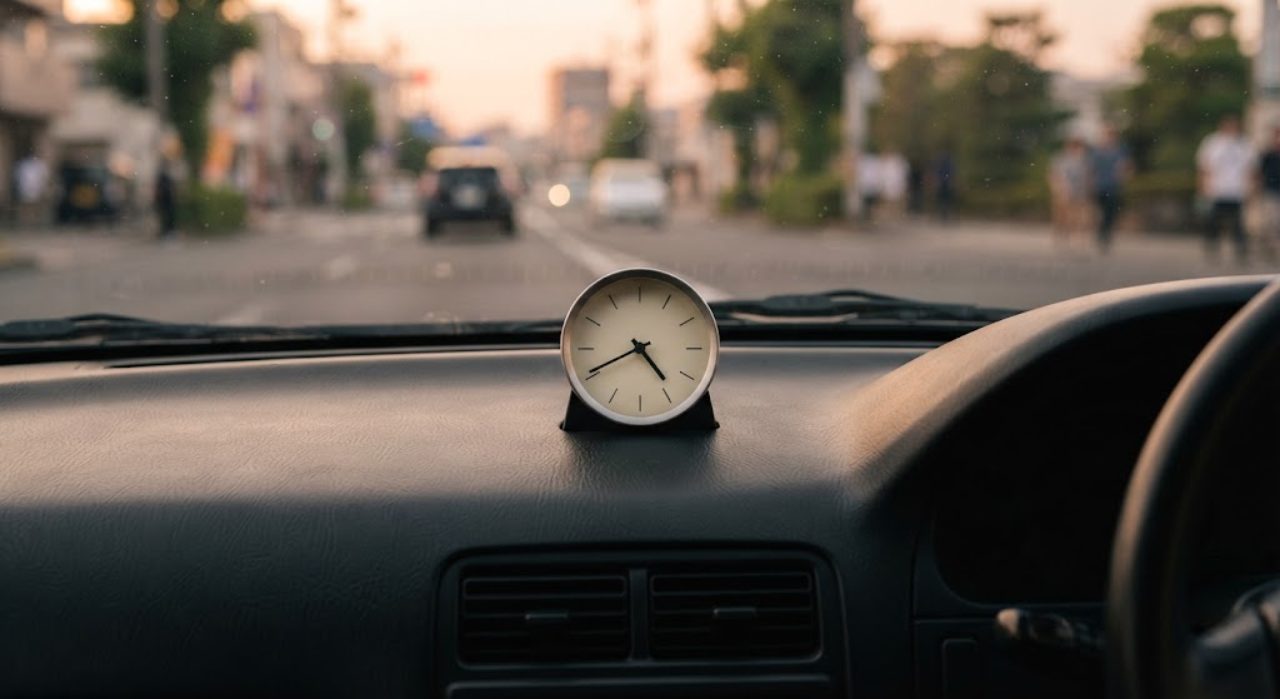 車内のダッシュボードに置かれた丸型の時計が16時台を示し、フロントガラスの外に夕方の道が見える様子
