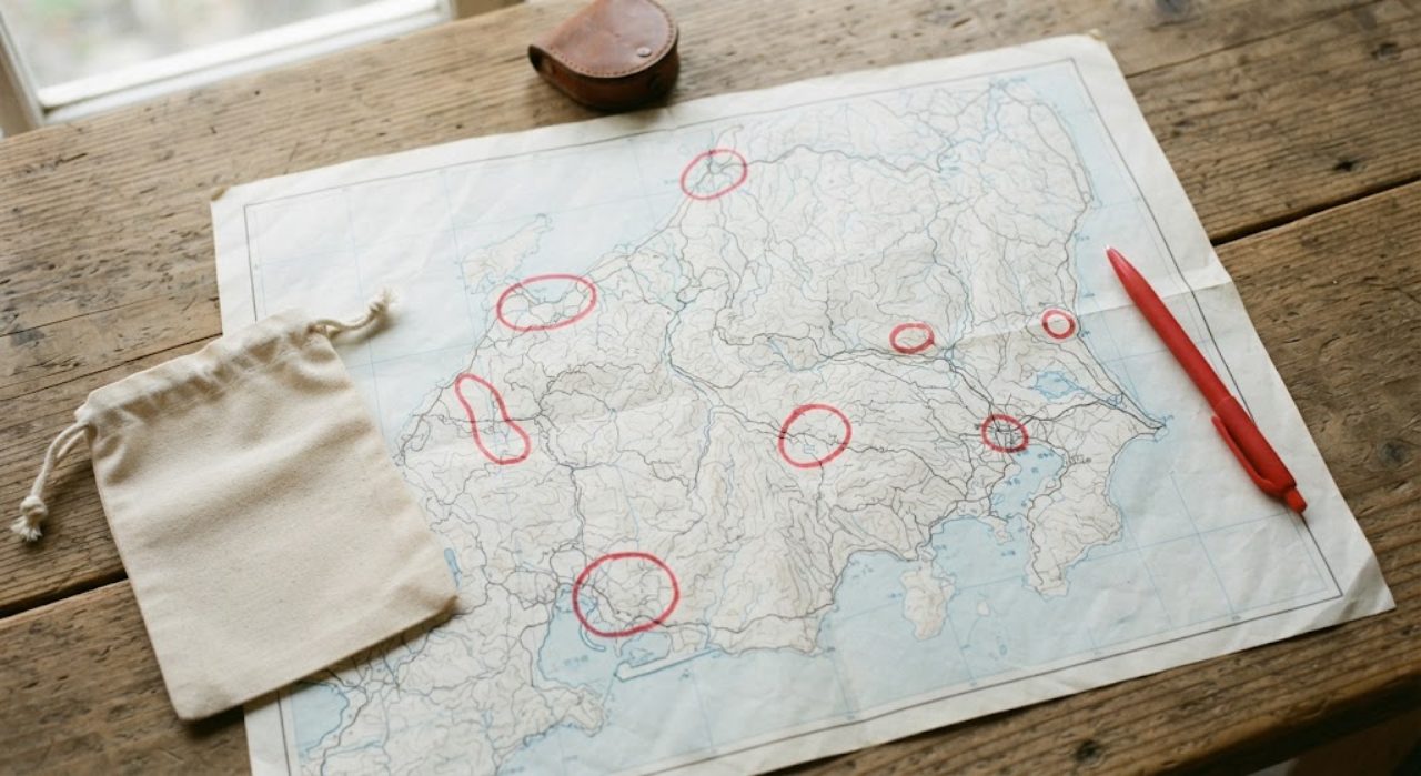 テーブルに広げた紙の地図に赤いペンで複数の丸印が描かれ、脇に布の巾着袋と赤いペンが置かれている様子