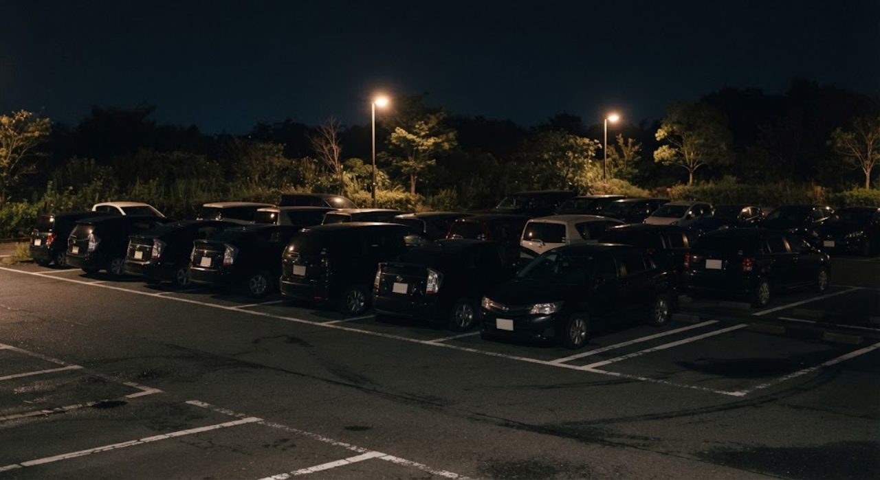 夜、駐車スペースの間隔が狭く車が密集して並ぶ駐車場を遠くから見た様子、街灯の明かりだけが照らしている