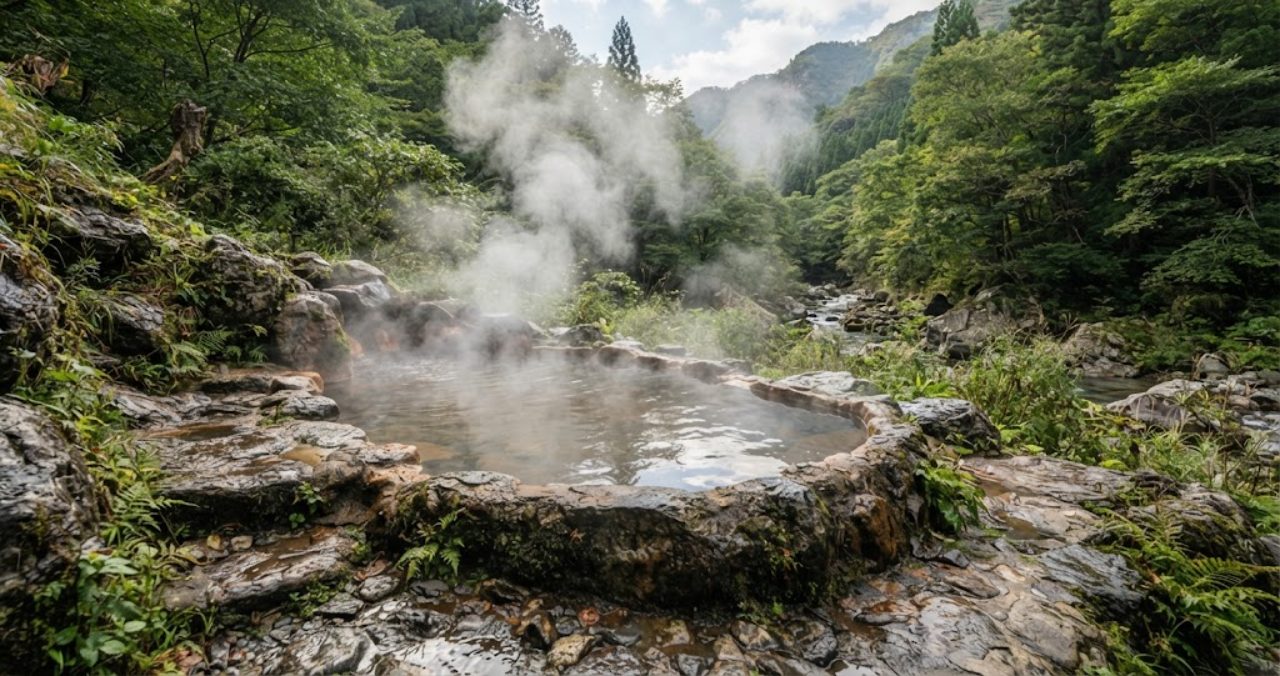 山あいの露天風呂の湯船から白い湯気が立ち上っている様子、周囲は岩と緑のみ