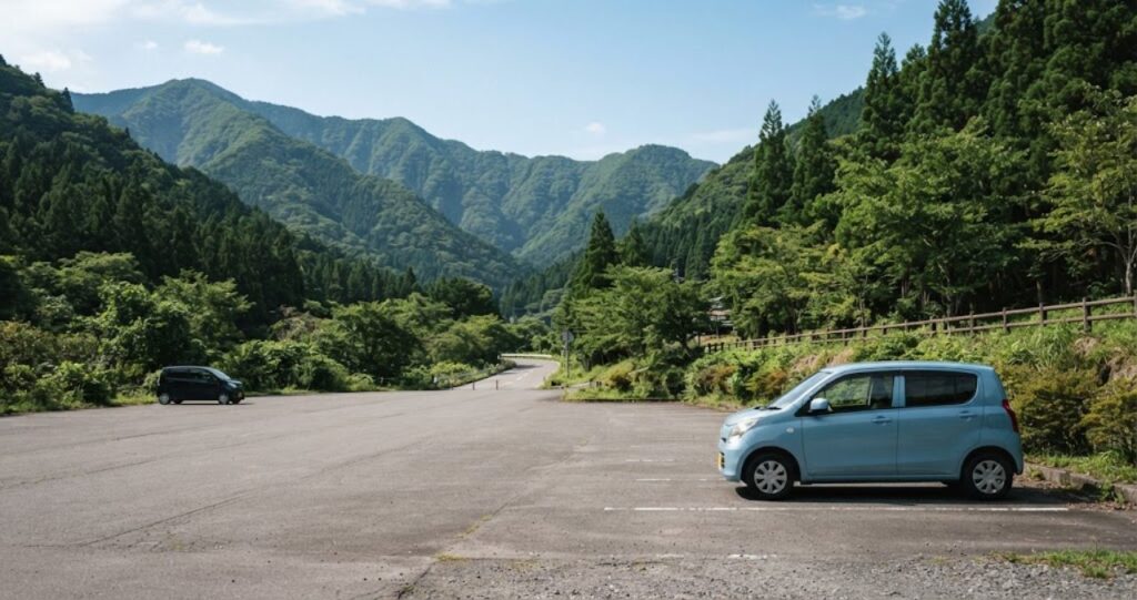 山あいの静かな道の駅の駐車場、手前に薄い水色の軽自動車が1台側面向きに停まり、奥にもう1台が小さく見える様子