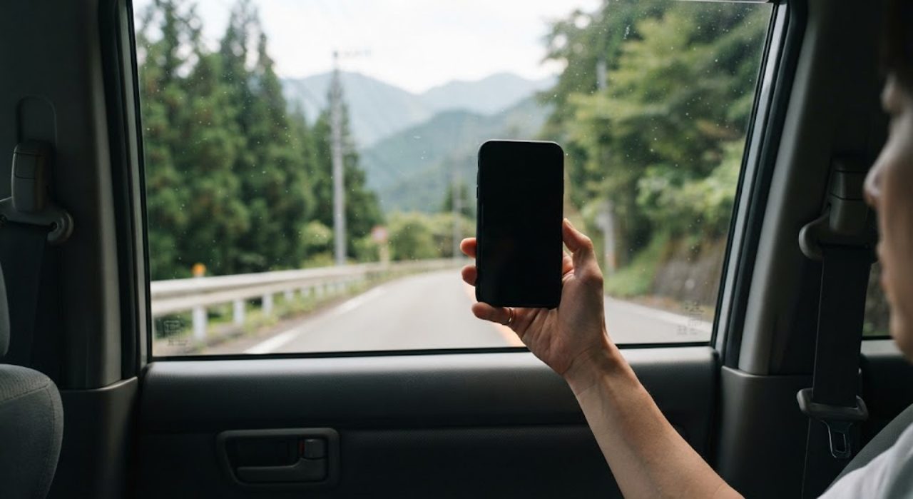 車内から手がスマートフォンを窓の近くに掲げている様子、画面は暗転し車窓の外に山あいの景色が見える