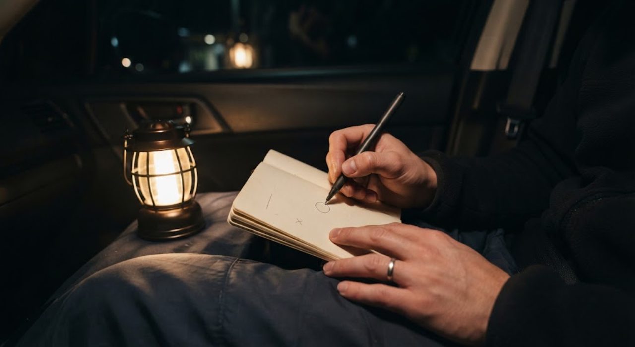 夜、車内でランタンの明かりに照らされながら手元の小さなノートに丸印や線を書いている様子