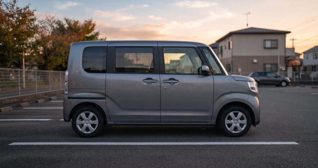 夕暮れの駐車場に停まる背の高いハイトワゴン系軽自動車の側面シルエット