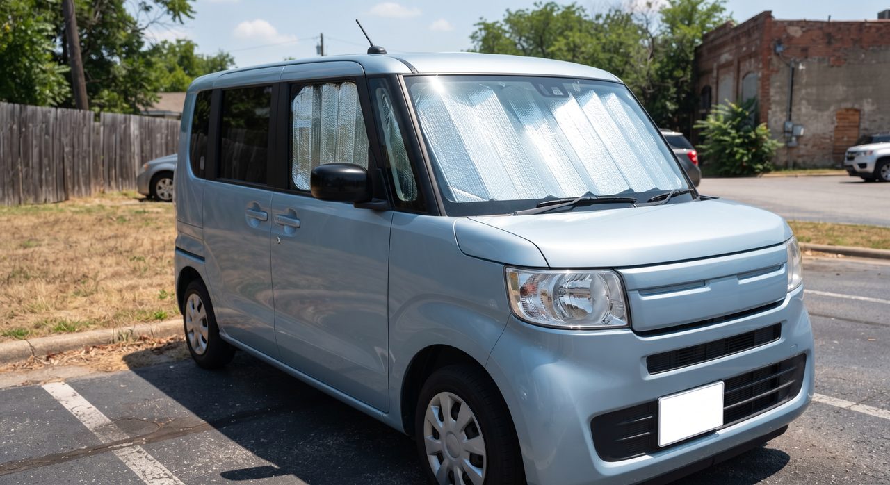 真夏の強い日差しの中、軽自動車のフロントガラスに遮光サンシェードを取り付けた様子