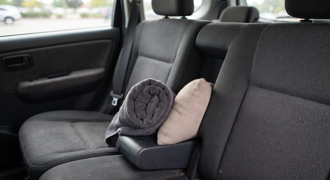 車の後部座席の隙間に丸めたバスタオルとクッションが差し込まれている様子