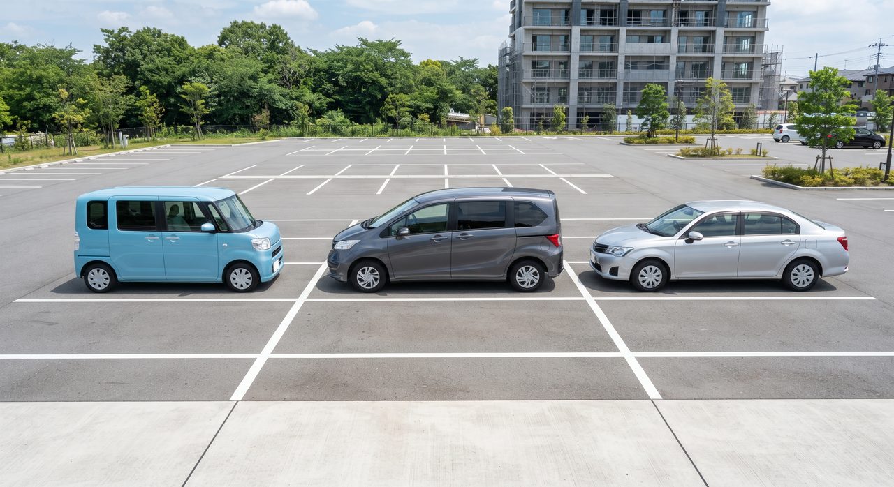 軽自動車・ミニバン・セダンの3タイプが余裕を持って並ぶ駐車場を見下ろした様子