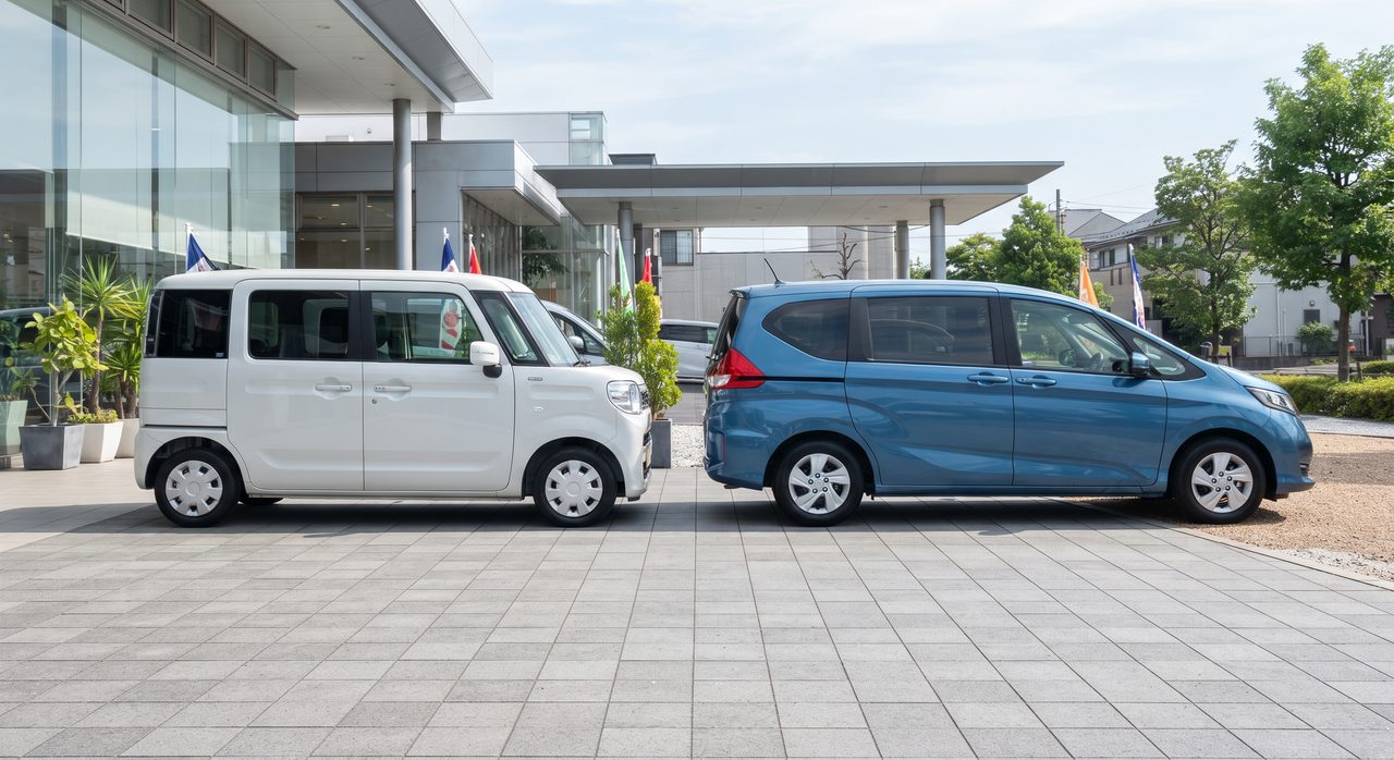 明るい屋外展示スペースにミニバンと背の高い軽自動車が並んで展示されている様子