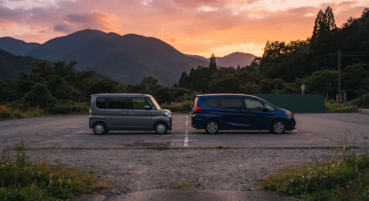 夕暮れの山間の駐車場に軽自動車とミニバンが並んで停まる穏やかな情景