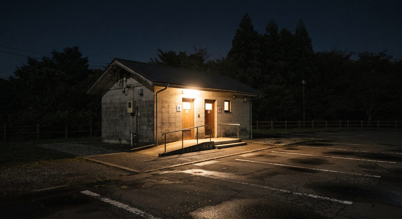 夜間、灯りがついている独立した建物型の公衆トイレの外観