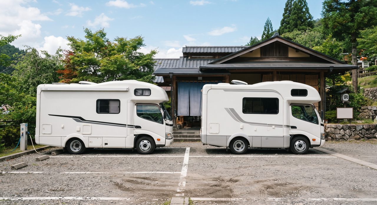 日本のRVパークをイメージした、カムロード架装のキャンピングカーが2台真横から見た角度で並び、奥に和風の入浴施設が見える昼間の様子