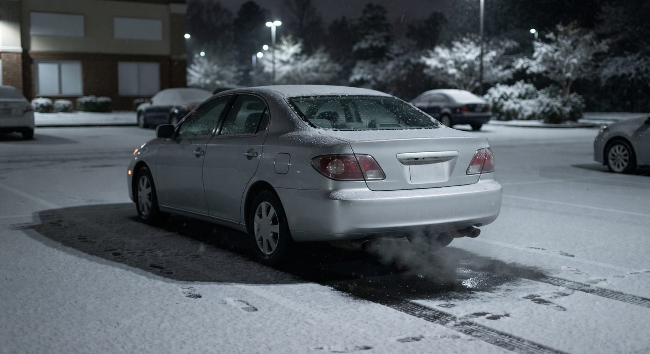 雪が積もった夜の駐車場で、車のマフラー周辺だけ雪が取り除かれている様子