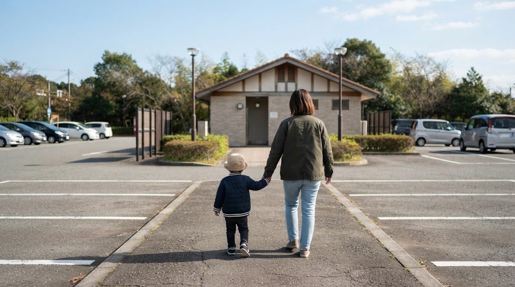道の駅の駐車場で、親と小さな子どもが手をつないでトイレ棟へ向かう後ろ姿